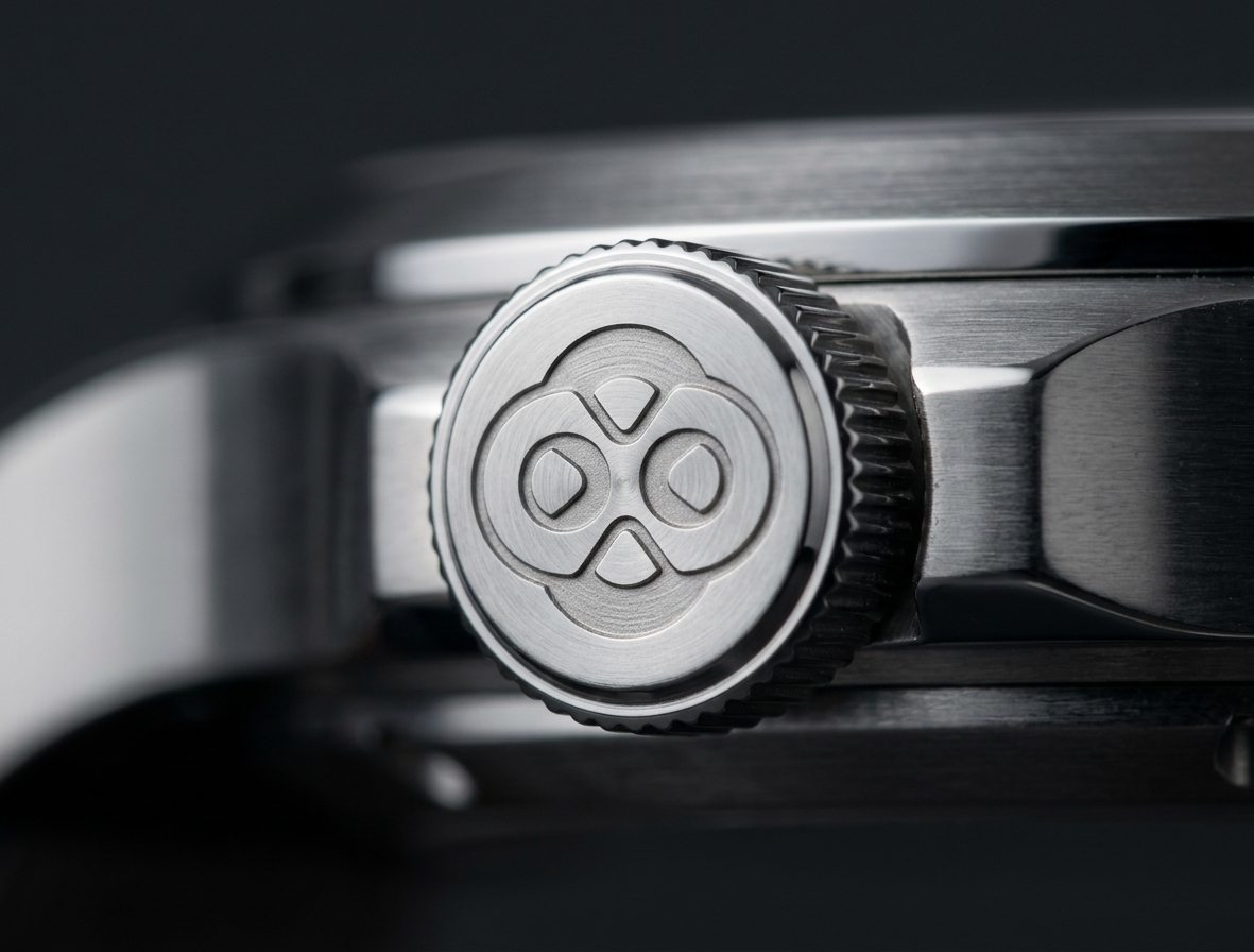 Macro detail of the ARDA crown, the symbol engraved into the polished steel.