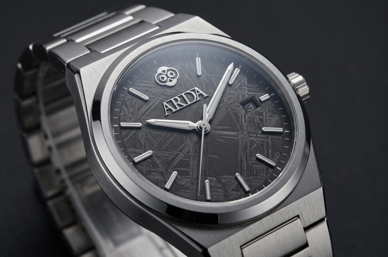 The ARDA watch, meteorite dial, symbol set at twelve o’clock.