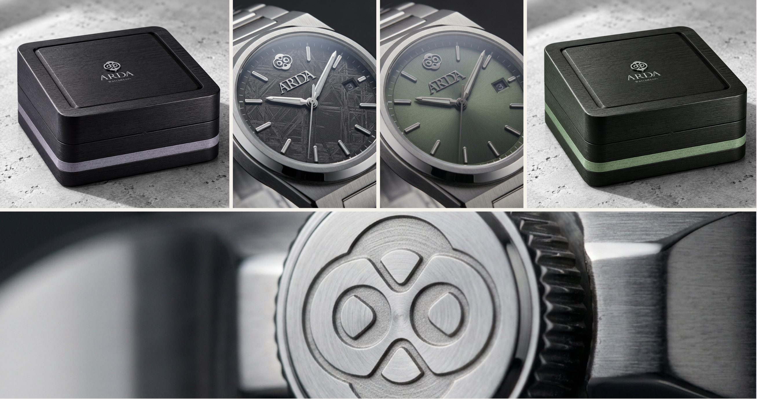 ARDA presentation boxes and dial variants shown together with a macro detail of the engraved crown.