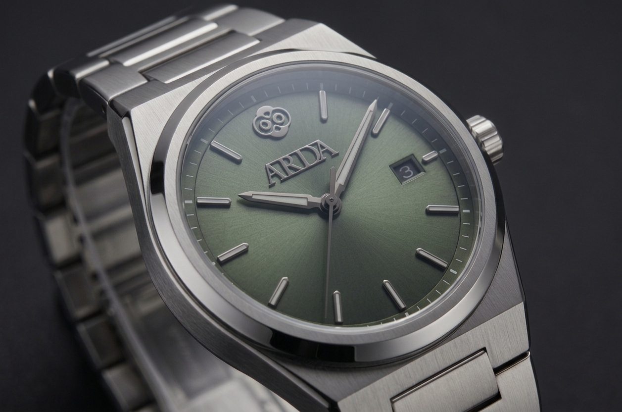 The ARDA watch with a sage green dial.